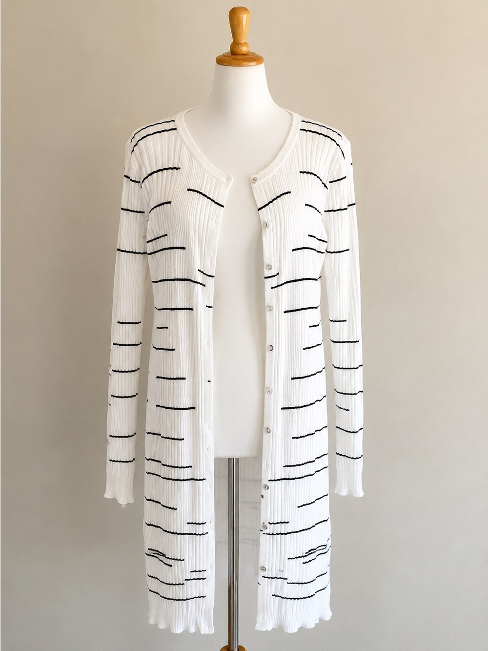 cabi Dashes Longline Duster Cardigan Sweater White Black Ribbed Knit (5638)Small